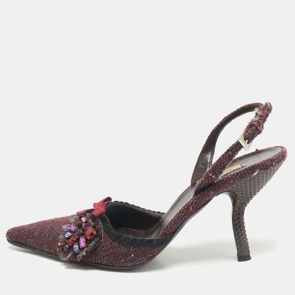 Prada Burgundy Tweed Crystal Embellished Slingback Pumps Size 38